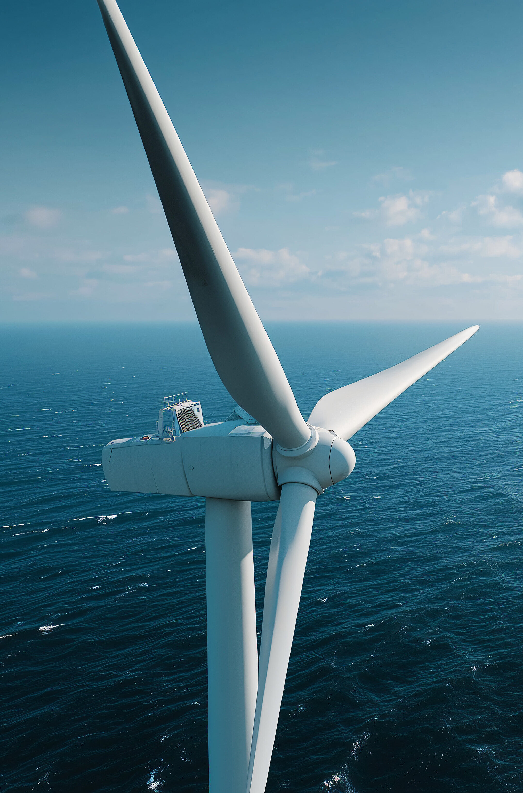 A wind turbine generating clean energy over the vast ocean under clear sky